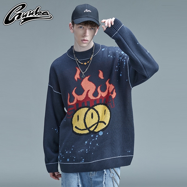 トレンディなダークグレーラウンドネックセーターメンズ秋冬学生ヒップホップ泣きスマイリーフェイスプリントニットセータールーズ