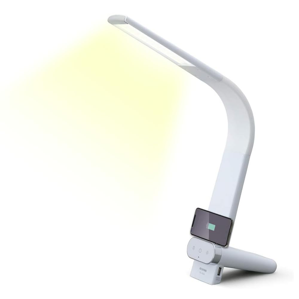 【置くだけでスマホ充電】アイリスオーヤマ デスクライト 置くだけで充電 Qiワイヤレス充電 画面の見やすいスタンドタイプ USB給電ポート付 調色3段階 調光無段階 高演色性 LDL-QLDL-W ホ