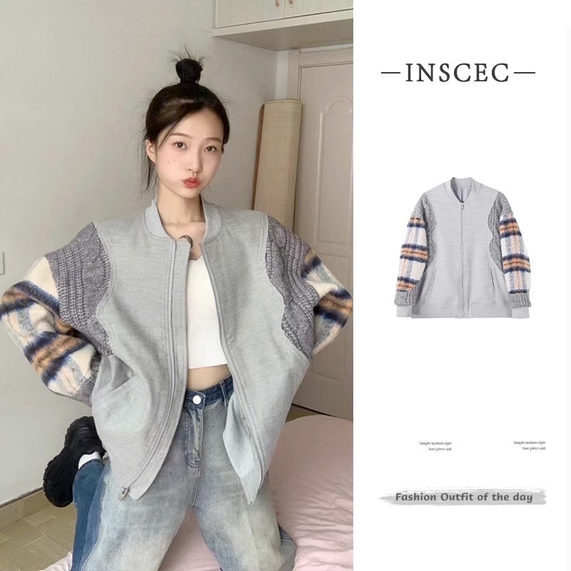 チェック柄ニットジャケット 異素材MIXジャケット ニットジャケット ジャケット ニット. アウター ブルゾン ジャンパー ウインドブレーカー ルーズ レディース メンズ ユニセックス 人気