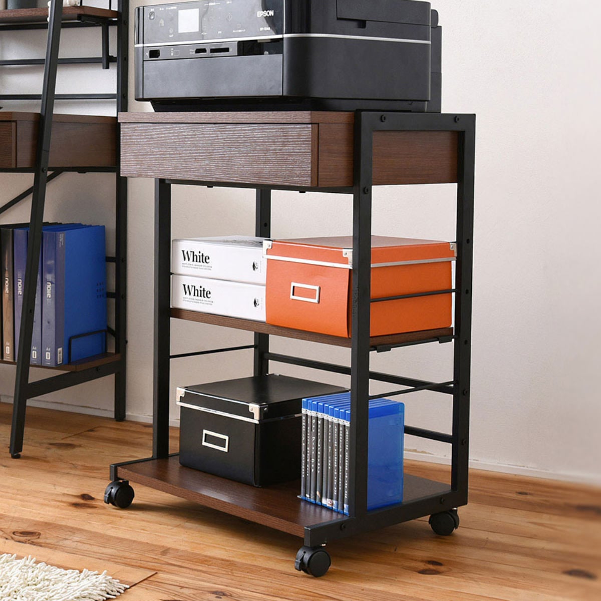 プリンターラック 幅51cm 引き出し付き キャスター付き 複合機ラック プリンター台 デスクワゴン プリンターワゴン スリム コンパクト サイドラック 木目調 デスクチェスト サイドテーブル