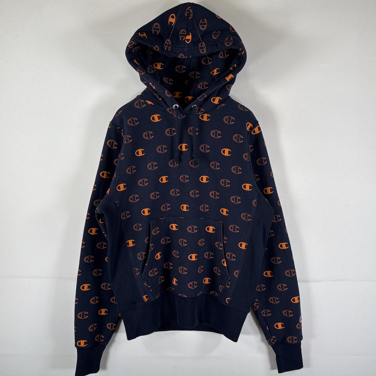 古着 パーカー リバースウィーブ スウェット ロゴプリント プルオーバー フーディ SMALL ネイビー 総柄 メンズ 5,544円