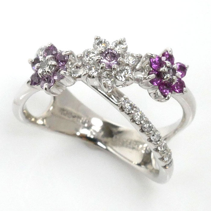 Sirena Azzurro セイレーンアズーロ K18WG ホワイトゴールド フラワー モチーフ リング・指輪 ダイヤモンド0.36ct ピンクサファイア0.45ct 13号 6.3g レディース