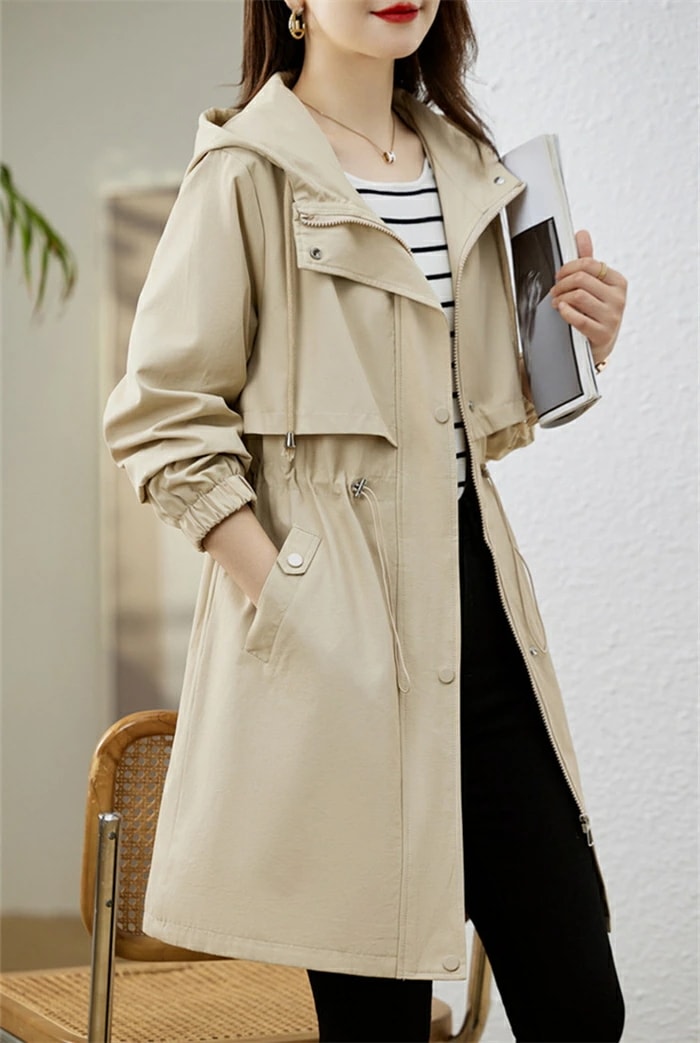 スプリングコート フードトレンチコート レディース 春 秋 長袖コート ロングコート 羽織り トレンチ アウター コート ロング ロング丈 裏地付き デザイン オリジナル カジュアル 通勤 オフィス