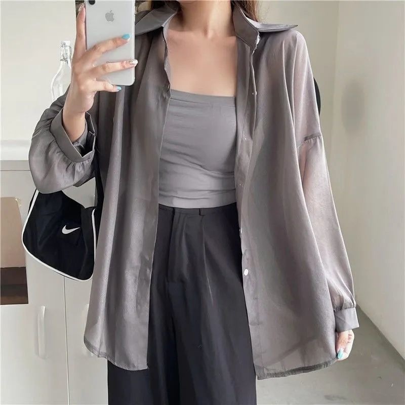 【1つ買うと10つ無料】女性のためのチファンシャツ2025夏の薄いゆるい汎用アイスシルク乾燥シャツジャケットミッドレングス