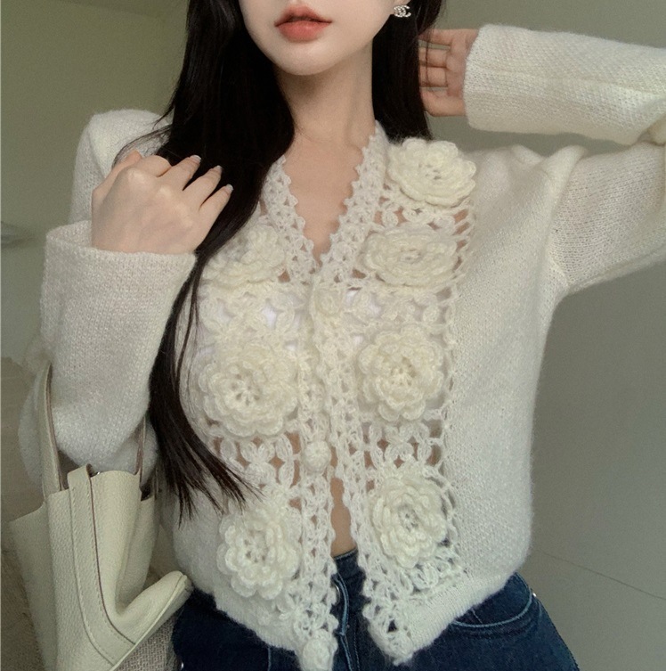 【送料無料】レディース カーディガン ニット 立体花 フラワーモチーフ レース編み 長袖