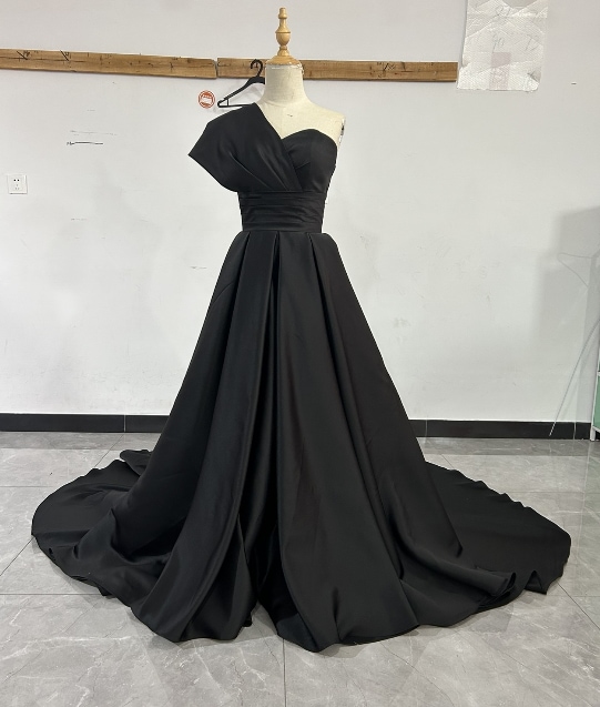 パーティードレス ワンショルダー Aライン 黑 前撮り 音楽会 ファスナー トレーン エレガント
