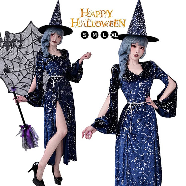 ハロウィン 大人 レディース 魔法使い 魔女 巫女 コスプレ 星空柄 ワンピース ハイスリット ウィッチ 仮装 衣装 コスチューム ハロウィン コスプレ ロングドレス セクシー 可愛い 女性 ハロウィ