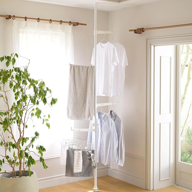 【即納】[山善] 突っ張り ラック 室内物干し ワンタッチ突っ張り(実用新案取得済) 洗濯物干し 物干し竿 室内 耐荷重20kg ポールハンガー 物干し タオルハンガー 省スペース 幅69×奥行69×