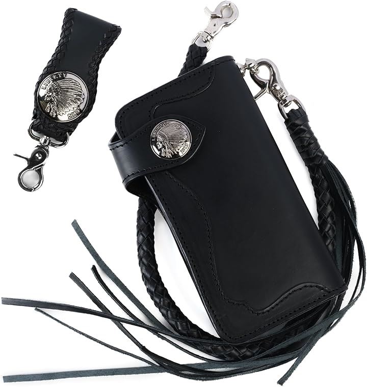 バイカーズウォレット 長財布 ウォレットチェーン ドロップハンドル ベルトループ セット ライダースウォレット レザーウォレット 二つ折り メンズ 本革 アメカジ (ブラック)