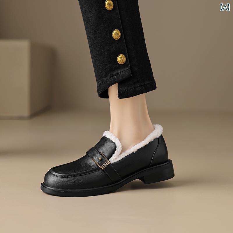 ローファー レディース 通勤 通学 オフィス 学生 女性用 ラウンドトゥ 革 フラット カレッジ スタイル 裏起毛 暖かい 小さい 革靴 レトロ 文学的 深い 口 毛皮 覆われた 靴