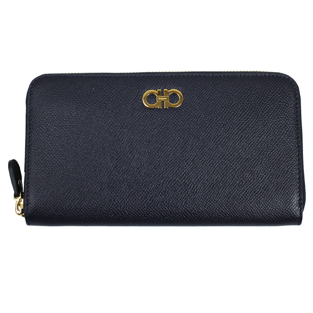 ラウンドファスナー長財布 ダブルガンチーニ レザー ネイビー 22 O009 0722542
