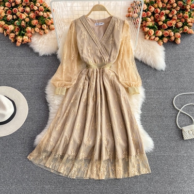 ワンピース デート ワンピドレス ミモレ ミモレ丈 袖あり 長袖 Vネック 刺繍 お洒落 主役級 存在感 春 秋 10代 個性的 カーキ S M L XL 2XL エレガント レディース モード系