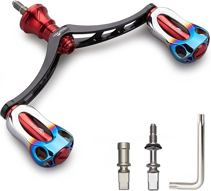 98mm リール ハンドル 22mm ノブ 搭載 シマノ ダイワ 通用 スピニングリール用 Aurora Series - 焼き色 846( ブラック＆レッド - 焼き色)