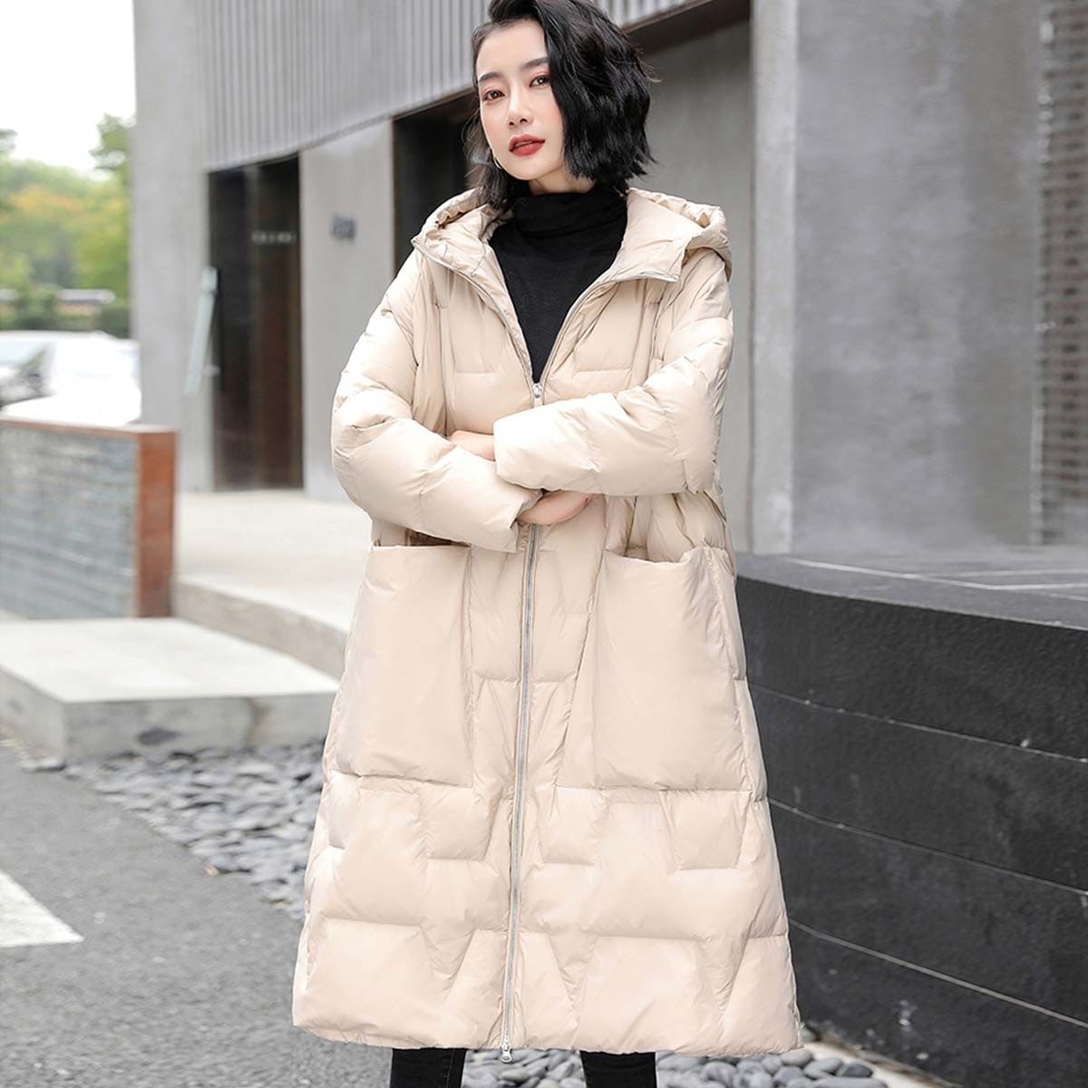 高級な質感ダウンコートレディース冬服ロング丈フード付きキルティングダウンジップアップ無地秋冬ゆったり暖かいひざ丈保温防寒羽織りアウター軽量