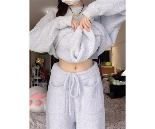 二点セット 上下セット ツーピース レディース ルームウェア パジャマ ニット プルオーバー 部屋着 アンサンブル 寝巻き フルレングス 長袖 ドロップショルダー ラウンドネック リボン ウエストゴム