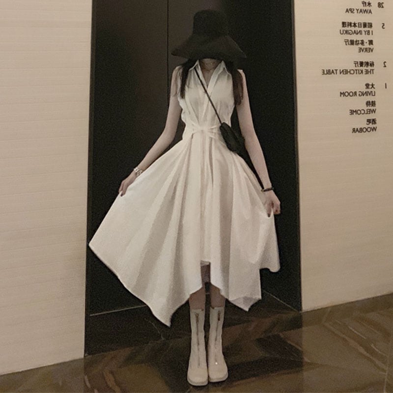 夏の新しいシャツスカート膝上オールマッチカジュアルガールノースリーブドレス日本のロングスカートファッション無地シンプルカジュアルレディースワンピースロングドレスオールマッチファッション