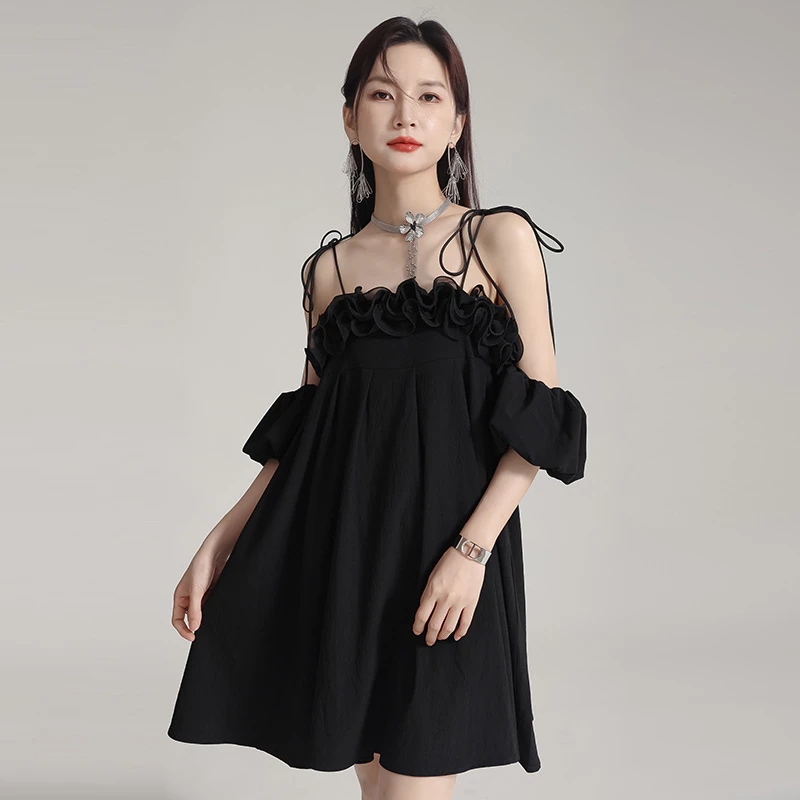 キャミワンピースの葉の縁パーティードレス2024夏のストラップのリゾート風