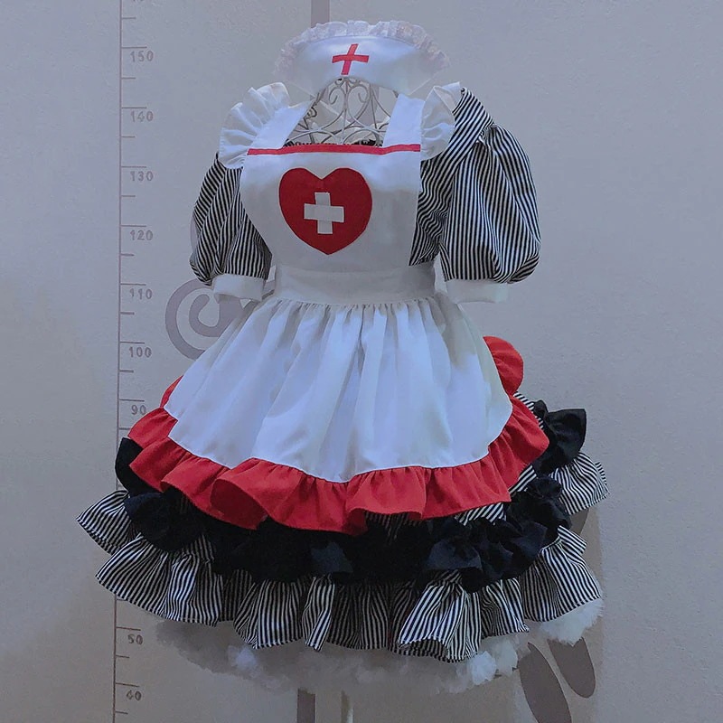 ハロウィンのコスプレ　ナースメイド服　4点セット　黒白ストライプ　看護師メイド服
