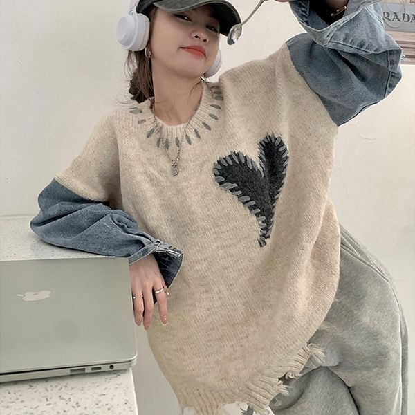 セーター ニットトップス ダメージ加工 デニム パッチワーク ステッチ フェイクツーピース 袖あり 長袖 ボリューム袖 ビッグシルエット オーバーサイズ 異素材ミックス デート ドロップショルダー