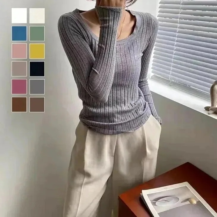 1つ買うと10個無料ラウンドネック リブ ニット トップス 太リブ Uネック 長袖 細身 伸縮 細見え デコルテ 重ね着