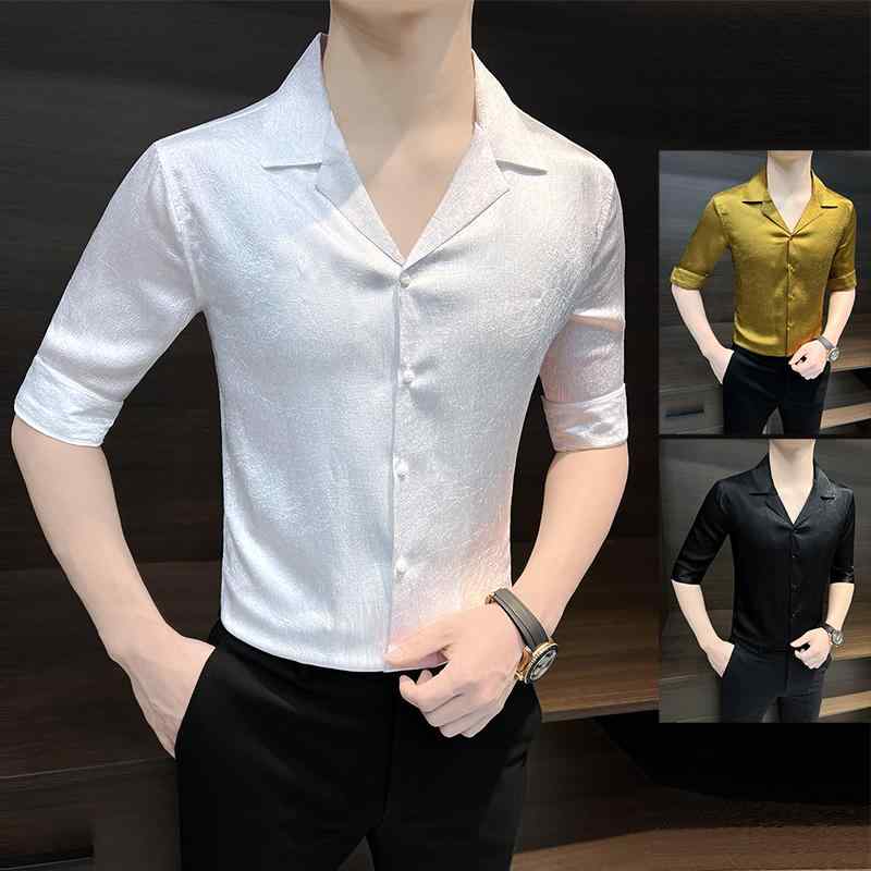 シャツ トップス メンズ おしゃれ スタイリッシュ 紳士 半袖 夏 ハイエンド プリーツ スリムフィット ポリエステル 大きいサイズ 薄手 男性 キューバンカラー