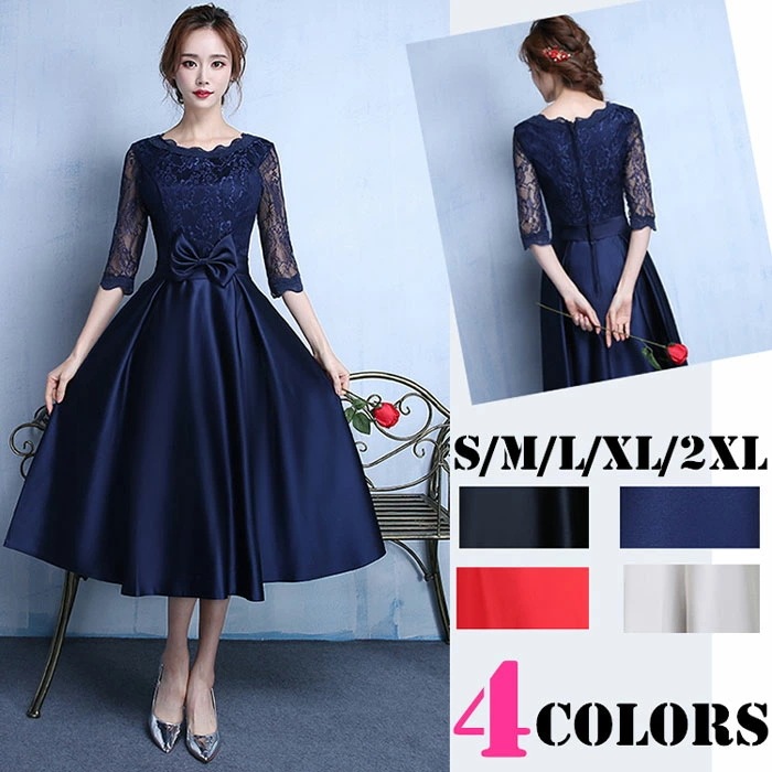 ミセス向けドレスブライズメイド パーティードレス 結婚式 20代 ミモレ丈 七分スリーブ 演奏会 お呼ばれ レース ピアノ 発表会 袖あり イブニングドレス 30代 40代 50代 【S/M/L/XL