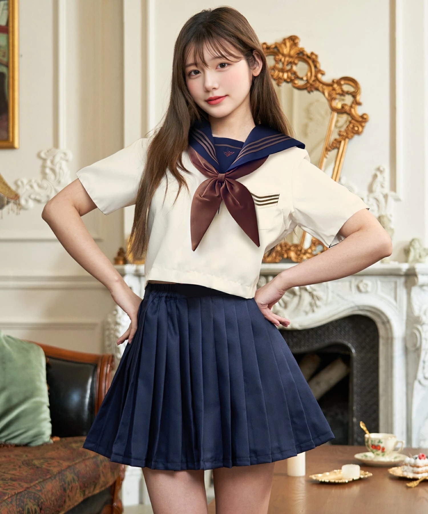 新品限時!優!惠! ハロウィン コスプレ 制服 セーラー服 半袖 ブラウス クロップド丈 スカート リボン セット 3点セット S M L 2L クリーム ベージュ ネイビー 女子高生 高校生 中学生