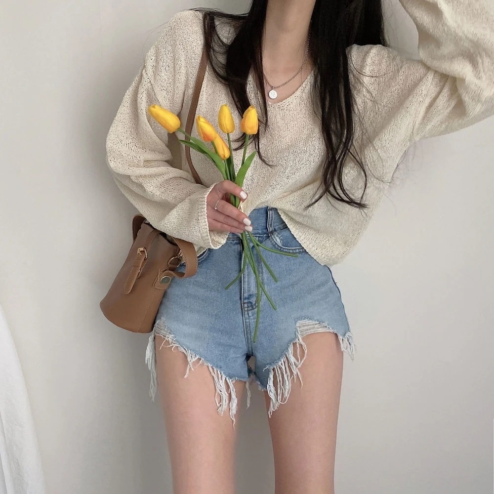 ボトムス デニム ショート パンツ スリム ストリート ファスナー ポケット ハイウエスト ヴィンテージ ダメージ ウォッシュ ブルー 大人可愛い レディース 20代 オルチャン こなれ感 春 夏