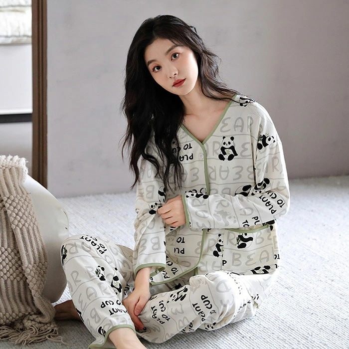 ルームウェア レディース パジャマ 綿100％ 前開き 春 秋 長袖 上下セット Ｖネック カジュアル かわいい 通気性 快適 部屋着 寝間着 寝巻き コットン 柔らかい 肌触りがいい 大きいサイズ