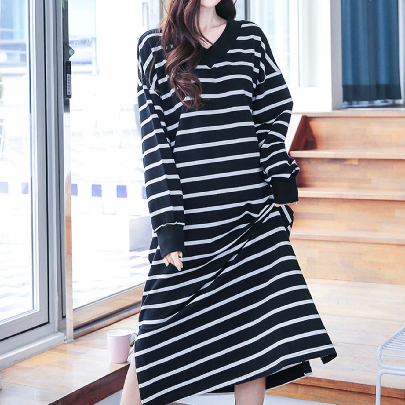 ワンピース ルームウェア ロング丈 袖あり 長袖 Vネック 襟なし ルーズ ストレート サイドスリット プルオーバー 綿 異素材MIX 大人可愛い きれいめ シンプル カジュアル 大人 上品 お洒落