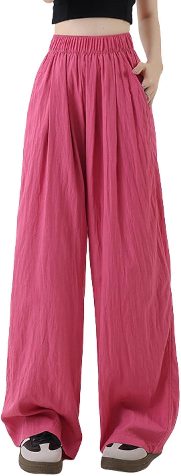 ワイドパンツ レディース ゆったり ハイウエスト 夏 カラーパンツ 大きいサイズ ショッキングピンク ルームウェア ポケット(ピンク, L)
