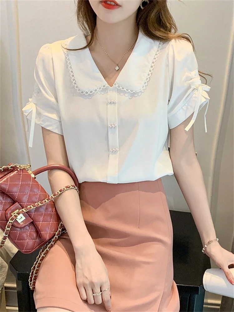 シャツ ブラウス レディース 半袖 襟付き レース リボン かわいい 大人可愛い きれいめ シンプル ガーリー フェミニン 無地 夏 学生 デート オルチャン ホワイト ブルー ピンク トップス 4,775円