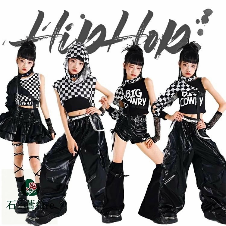 2日限定セール黒キッズダンス衣装レザーチェック柄女の子ダンスウェアタンクトップ短パンツズボンへそ出しスカートガールズ発表会応援団イベントジュニアカッコイイ普段着jazzKPOPオシャレDANCE110