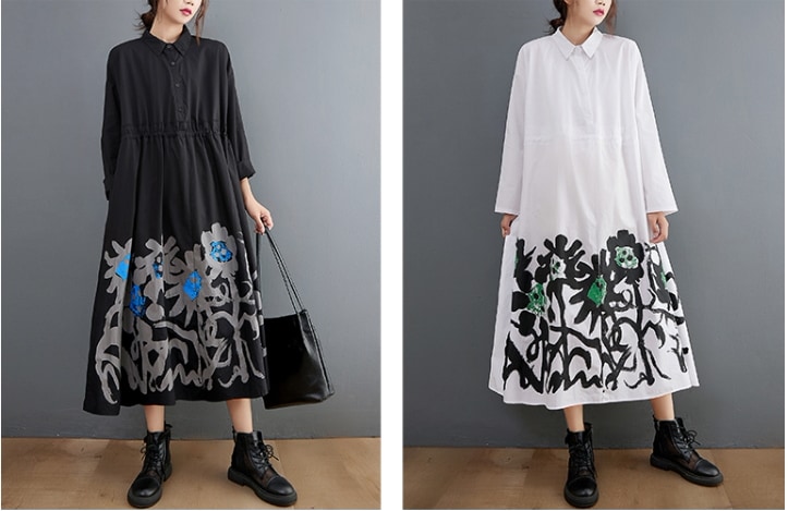 TK0031 ワンピース シャツワンピース レトロ フラワープリント フレア 長袖 Aライン