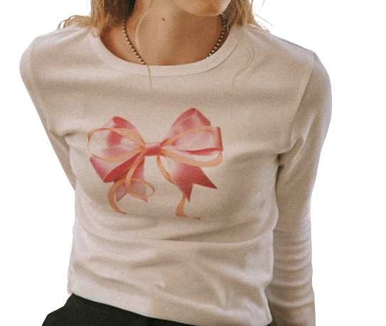 DOUBLE RIBBON SLIM CROP LONG SLEEVE WHITE PINK