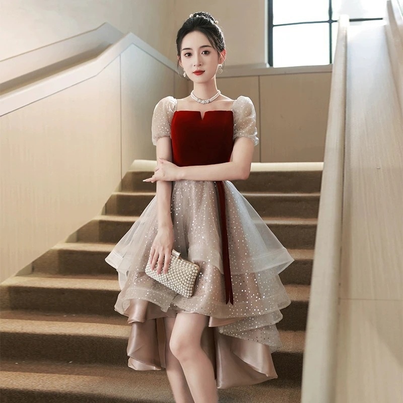 赤 短 長2タイプ レッドドレス 結婚式 二次会 披露宴 フリル ウェディングドレス イブニングドレス フォーマル パーティードレス ドレス