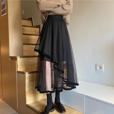 ボトムス スカート 膝丈 ひざ丈 ロング ロング丈 不規則丈 アシンメトリー 切り替えデザイン ドッキング チュール 透け感 シースルー かわいい 大人可愛い おしゃれ お洒落 かっこいい こなれ感