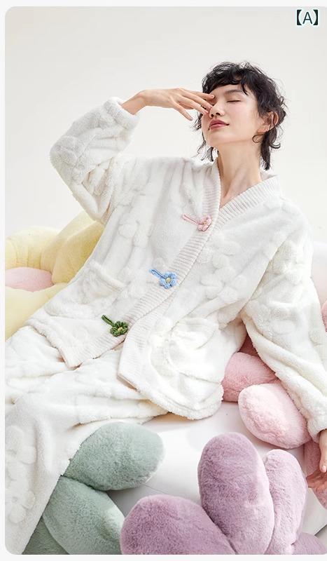 ルームウェア レディース パジャマ 部屋着 ガーリー 秋冬 長袖 Vネック ラウンドネック 暖かい ストライプ ホワイト