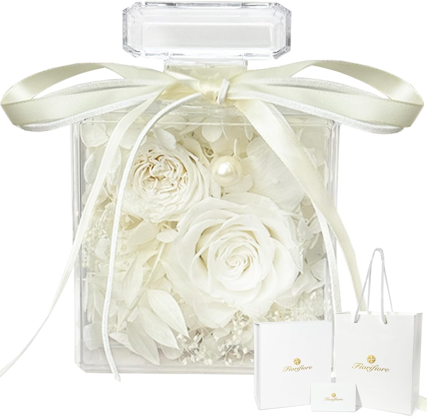 香水瓶型アクリル花器のプリザーブドフラワー 薔薇 白色ギフトボックス・バッグ・メッセージカード付き ローズ香りカード付き