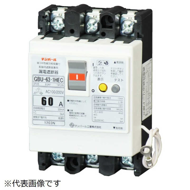 テンパール工業　漏電遮断器 GBU-63.1HEC 60A 30mA リード線付　U6301HEC6030