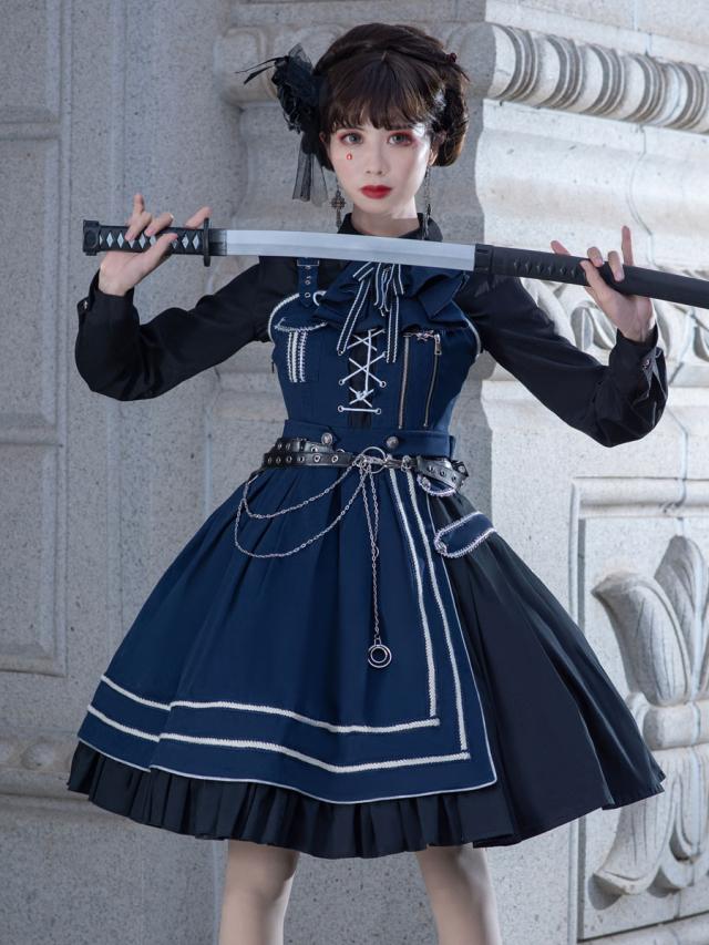 スチームパンクゴシックロリータロリータJSKドレスダーク3ピースセットネイビーノースリーブロリータジャンパースカート コスチューム