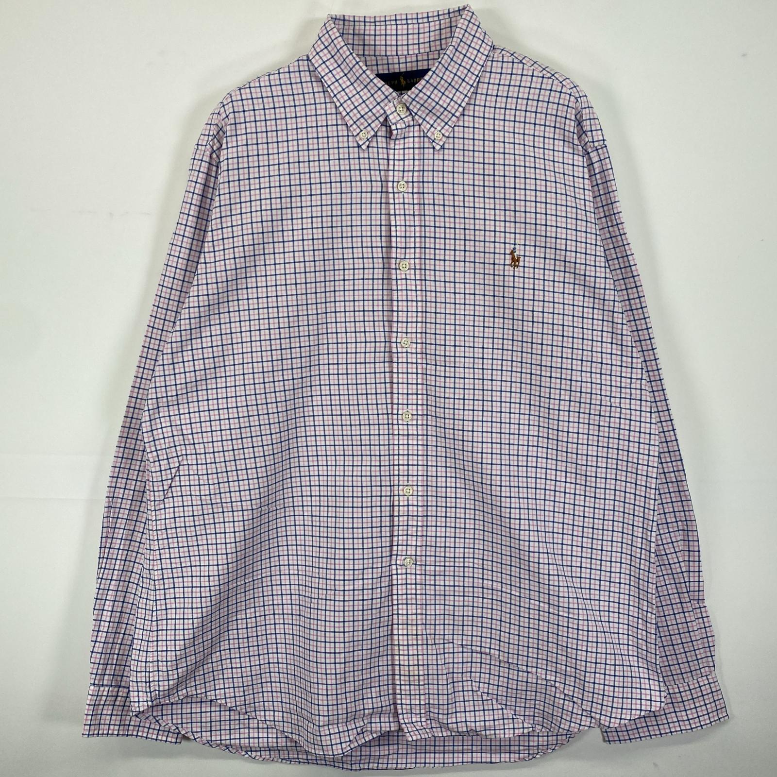 古着 長袖シャツ ボタンダウン 刺繍ロゴ ワンポイントロゴ XL ピンク系 チェック メンズ