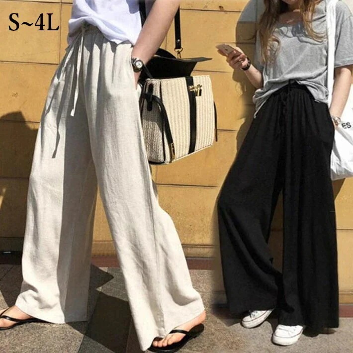 ワイドパンツ レディース ン風　麻混　綿麻　ワイド スカンツ パンツ ガウチョパンツ ハイウェスト　体型カバー ゆったり 麻素材風　大きサイズ　 S M L 2L 3L 4L