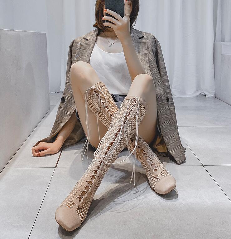 【急速出荷!】サマーブーツ　ブーツサンダル　ロングブーツ　ローヒールサンダル　太ヒール　夏　シースルー　3.5センチヒール　透かし　レディース靴　レースアップブーツ　編み上げシューズ