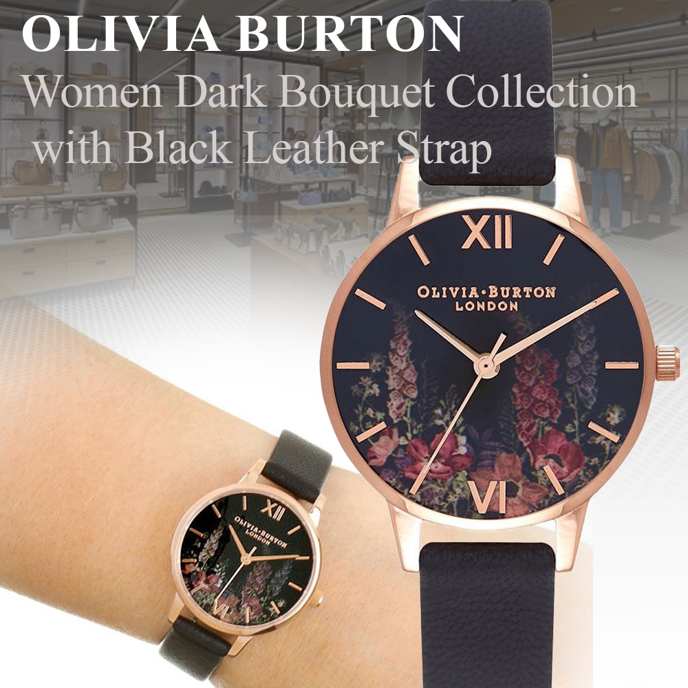 Olivia Burton アナログクォーツ レディースウォッチ ダークブーケコレクション ブラックレザーストラップ OB16WG43
