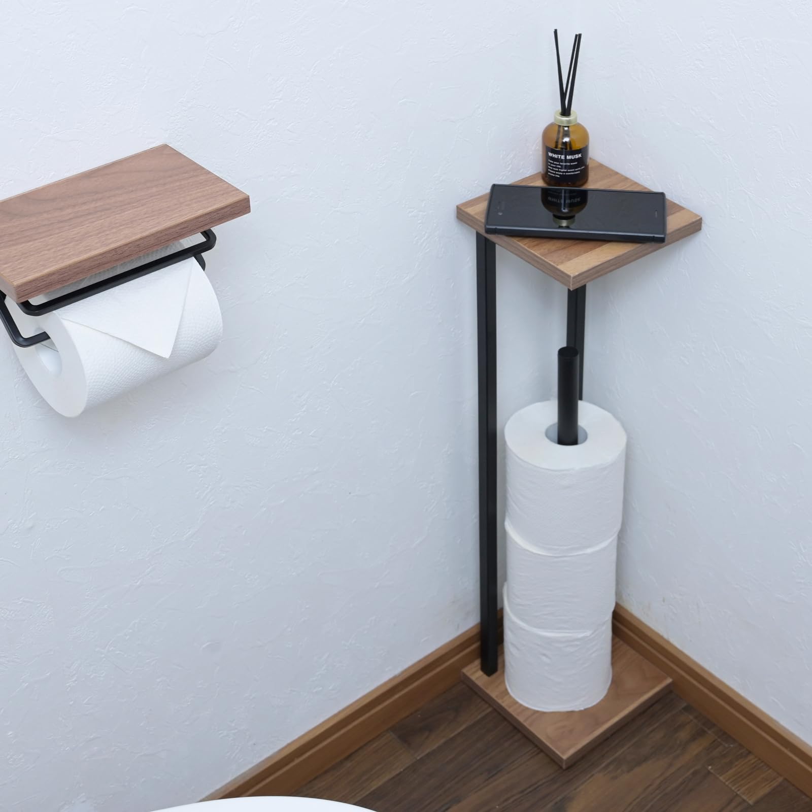 山善(YAMAZEN) ラック トイレットペーパー スタンド トイレ 収納 スリム 棚付き (スマホ置き/インテリア) トイレットペーパーホルダー 隙間収納 ストッカー