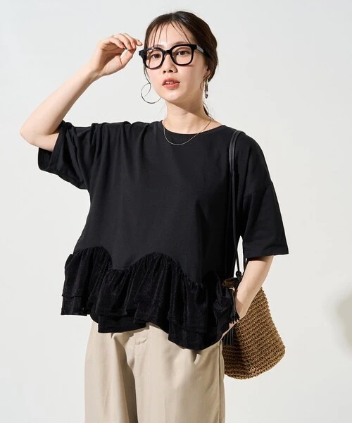 tシャツ 限定展開　裾シアーフロッキーフリル切り替えトップス レディース