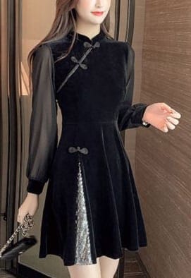 ワンピース 膝上丈ワンピ 長袖 シアー チャイナボタン 袖あり 華やか 爽やか レトロ 着痩せ トレンド デート服 モテ服 脚長効果 美脚 動きやすい 韓国 かわいい 可愛い リラックス きれいめ l