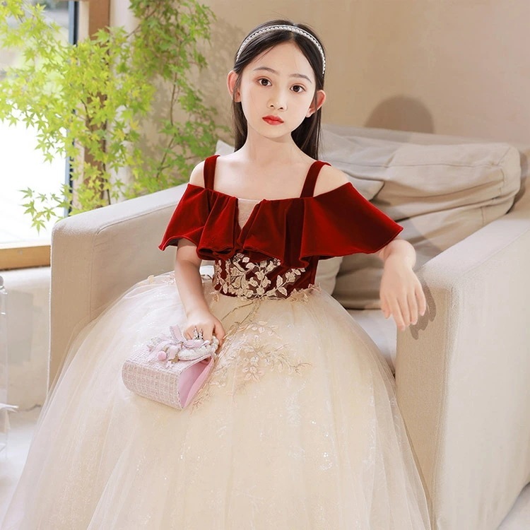 子供ドレス ピアノ発表会ドレス オフショルダー ワイン赤 ベロア ベルベット キャミドレス ロングドレス 刺繍 キレイめ 女児ドレス ワインレッド 可愛い 演奏会ドレス フォーマル 演出服 キッズドレ