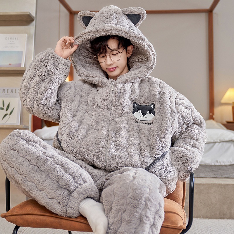 三重綿パジャマ男性秋冬加絨厚手サンゴ絨毯ファスナー連帽冬の部屋着は外着可能